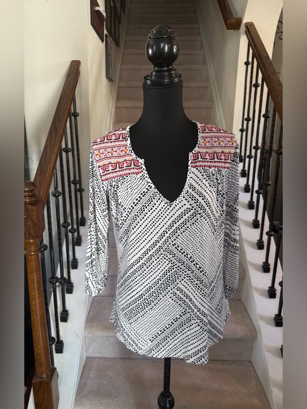 Sanctuary Black and White V-Neck Tunic with Pink Accent Embroidery